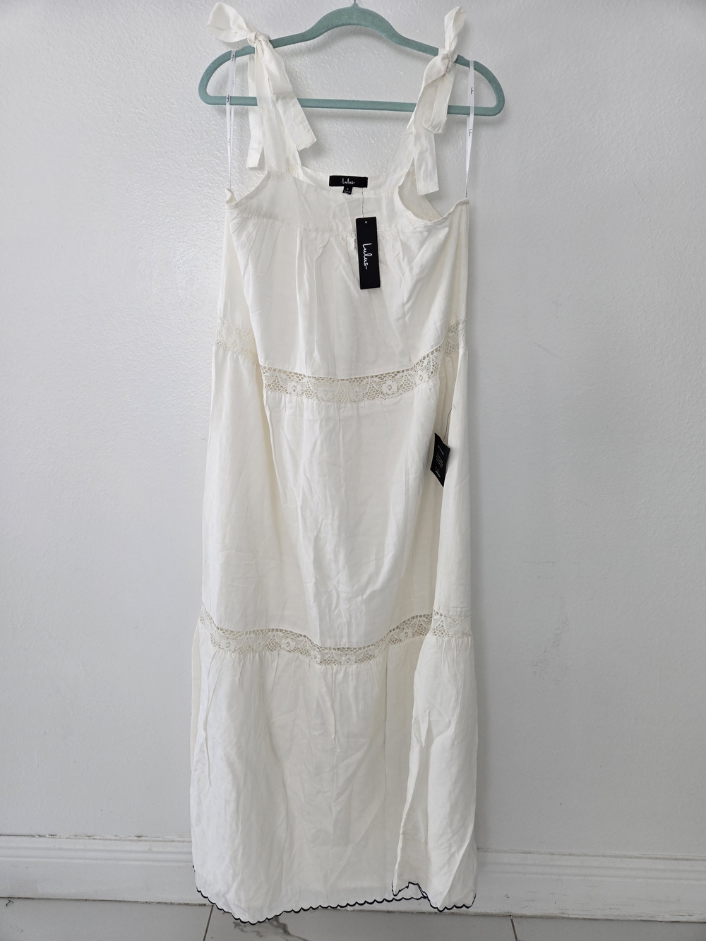 Lulu's White Tie-Shoulder Lace-Trim Maxi Dress Size S New - Picture 6 of 16